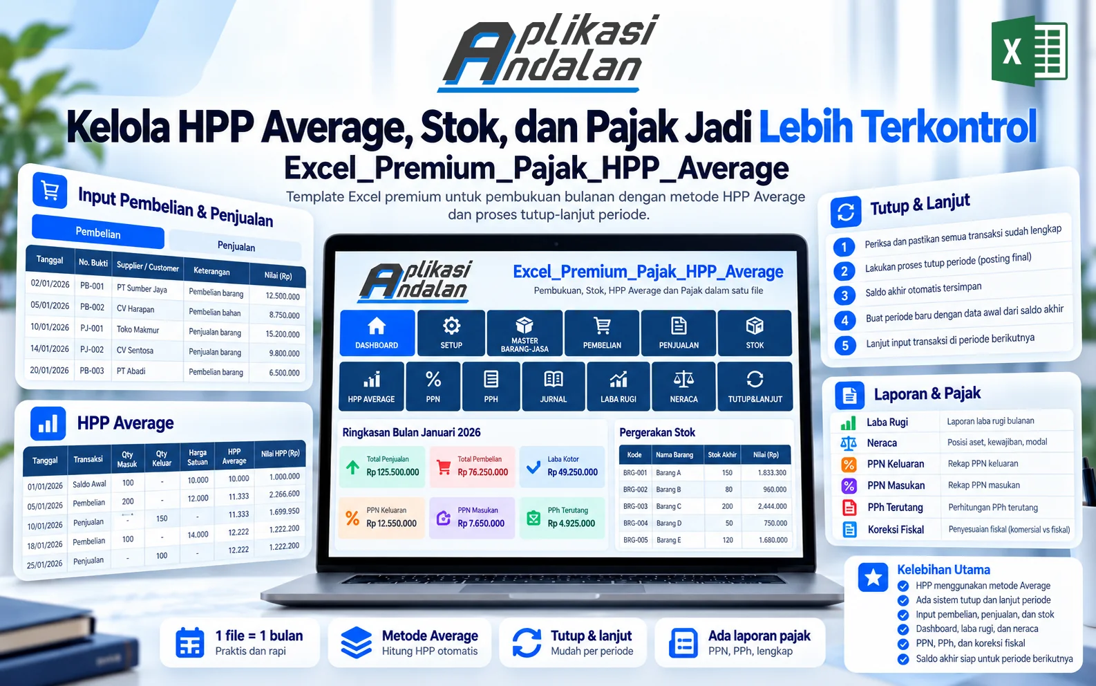 Excel Premium Akuntansi Toko Dagang: Stok per Barang + HPP Average + PPN/PPh Otomatis
