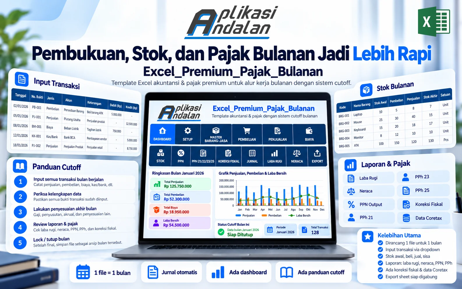 Excel Premium Akuntansi Pajak Bulanan: 1 File 1 Bulan, Lega untuk Transaksi Banyak