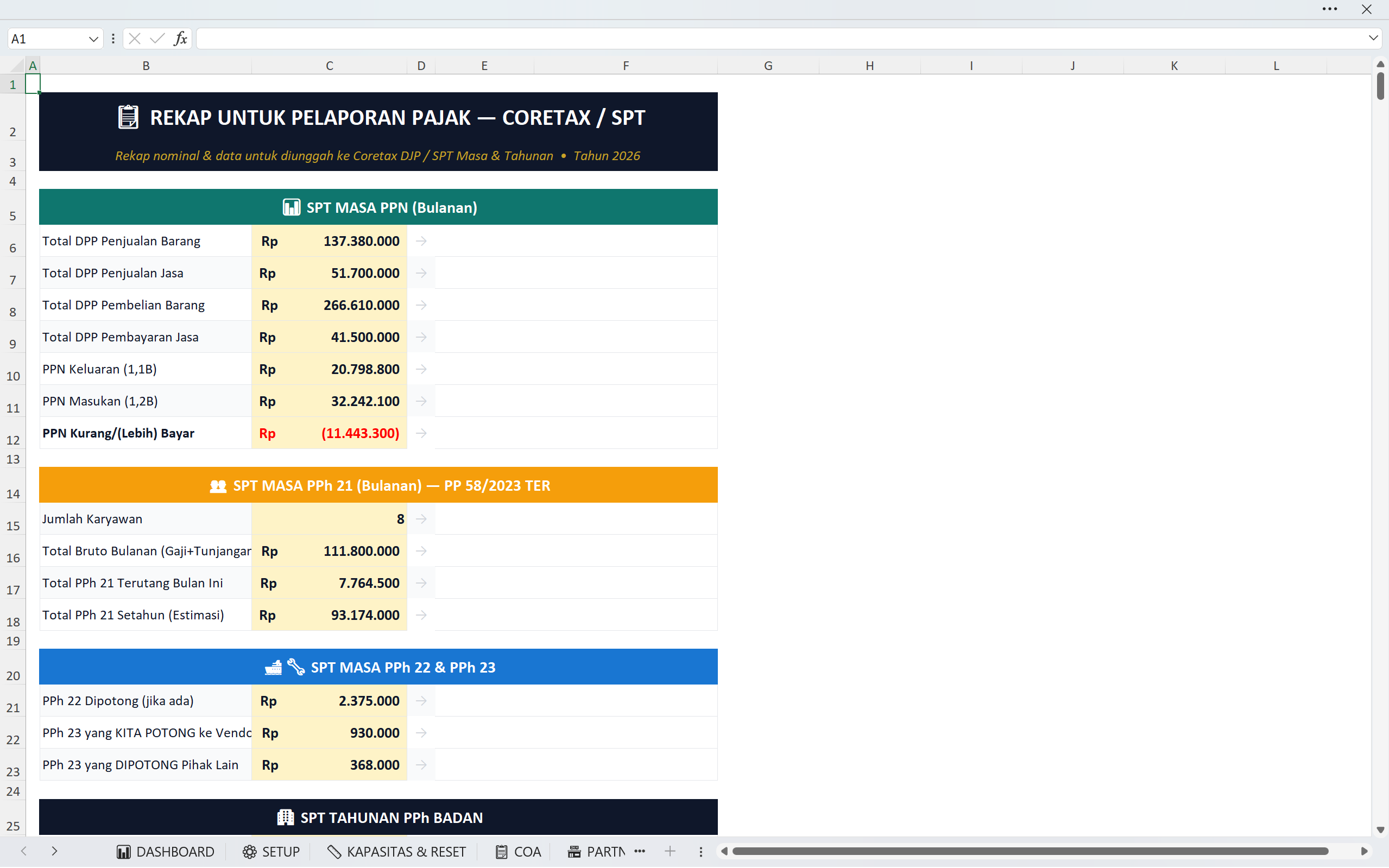 Google Sheets Premium Akuntansi Pajak Bulanan: 1 File 1 Bulan, Lega untuk Transaksi Banyak