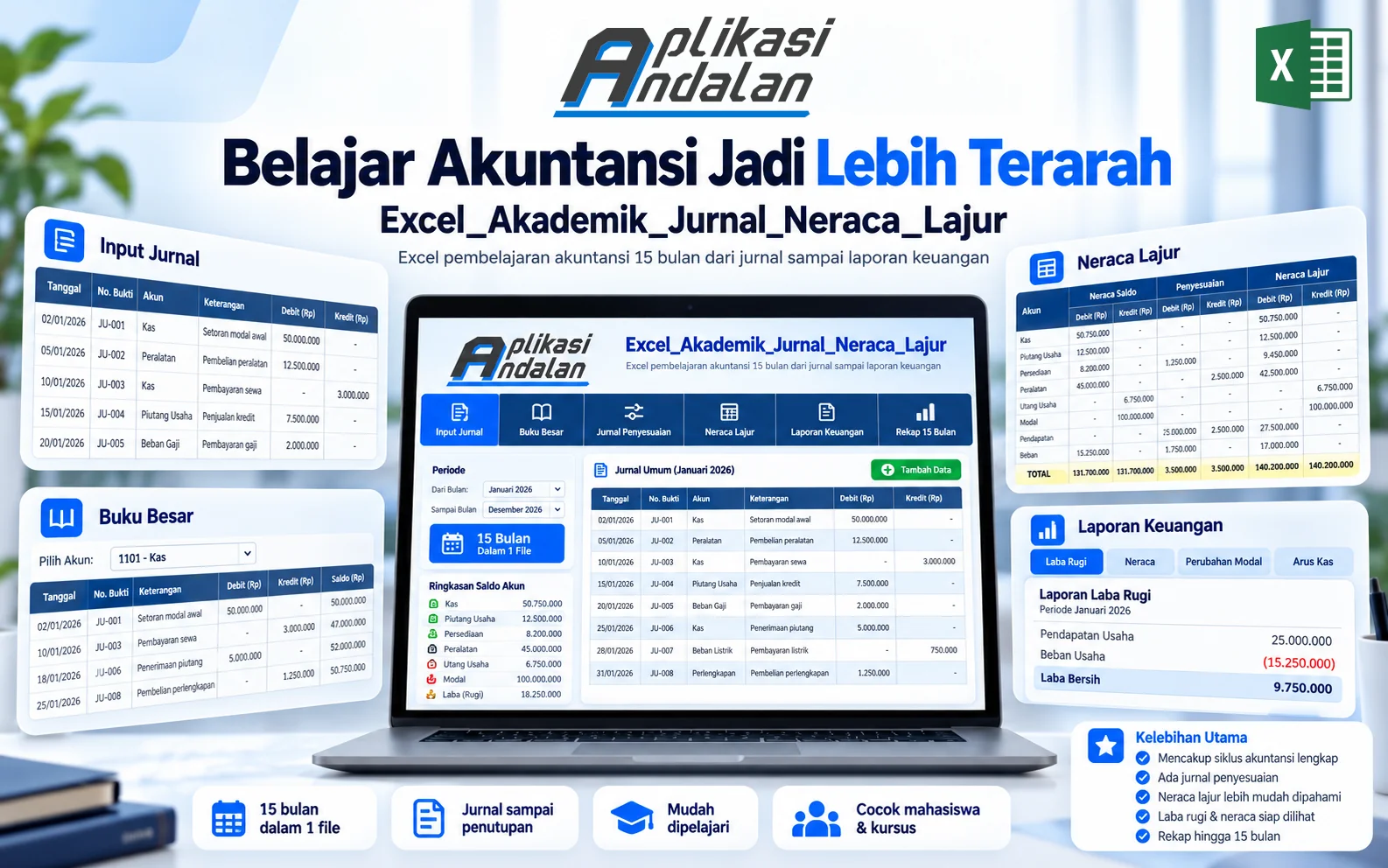 Excel Akademik Siklus Akuntansi Lengkap: Jurnal, Buku Besar, Neraca Lajur, Penutupan (Makro)