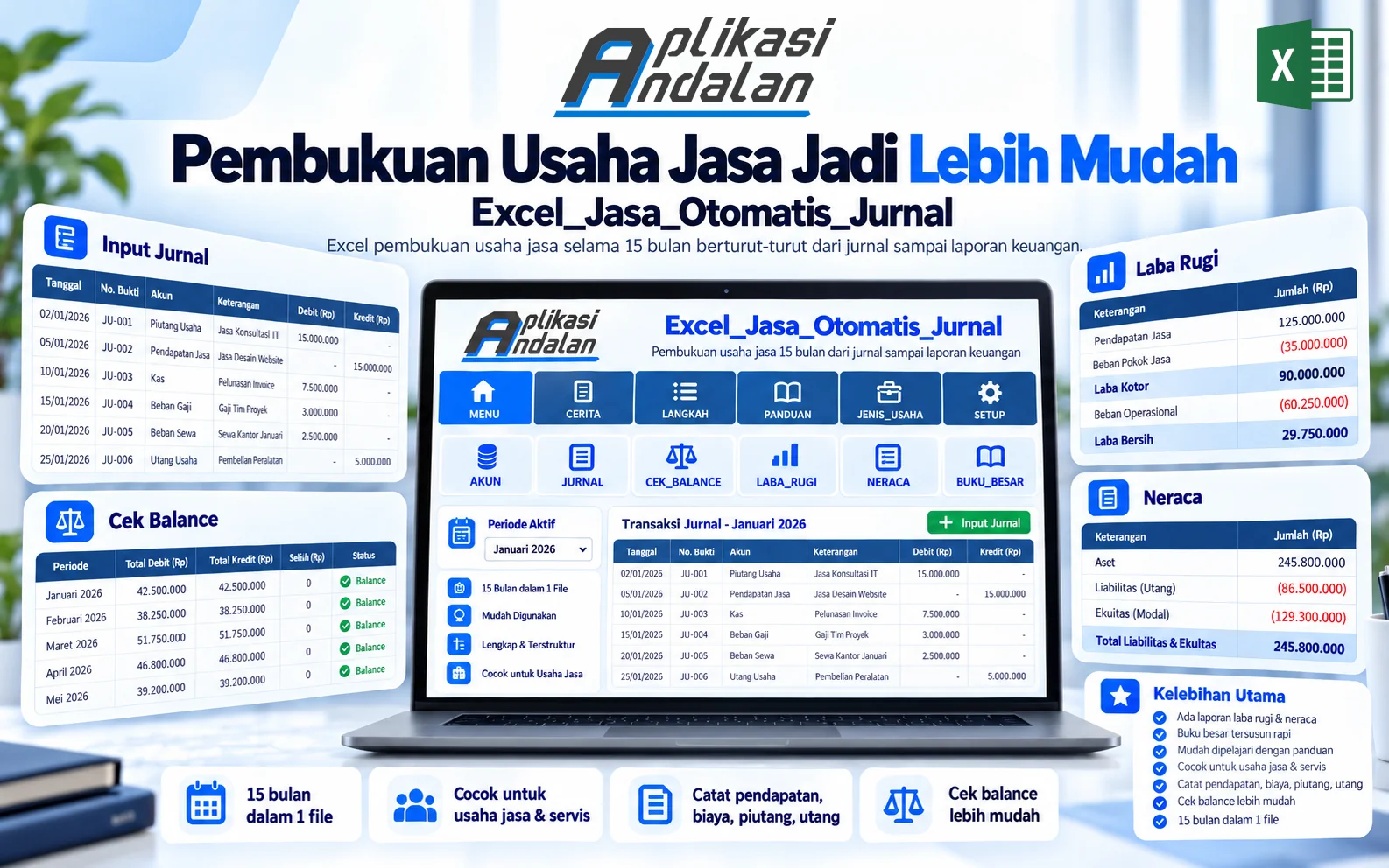 Excel Jasa Otomatis: Pembukuan Servis, Les, Freelance & Usaha Campuran + Contoh Jurnal