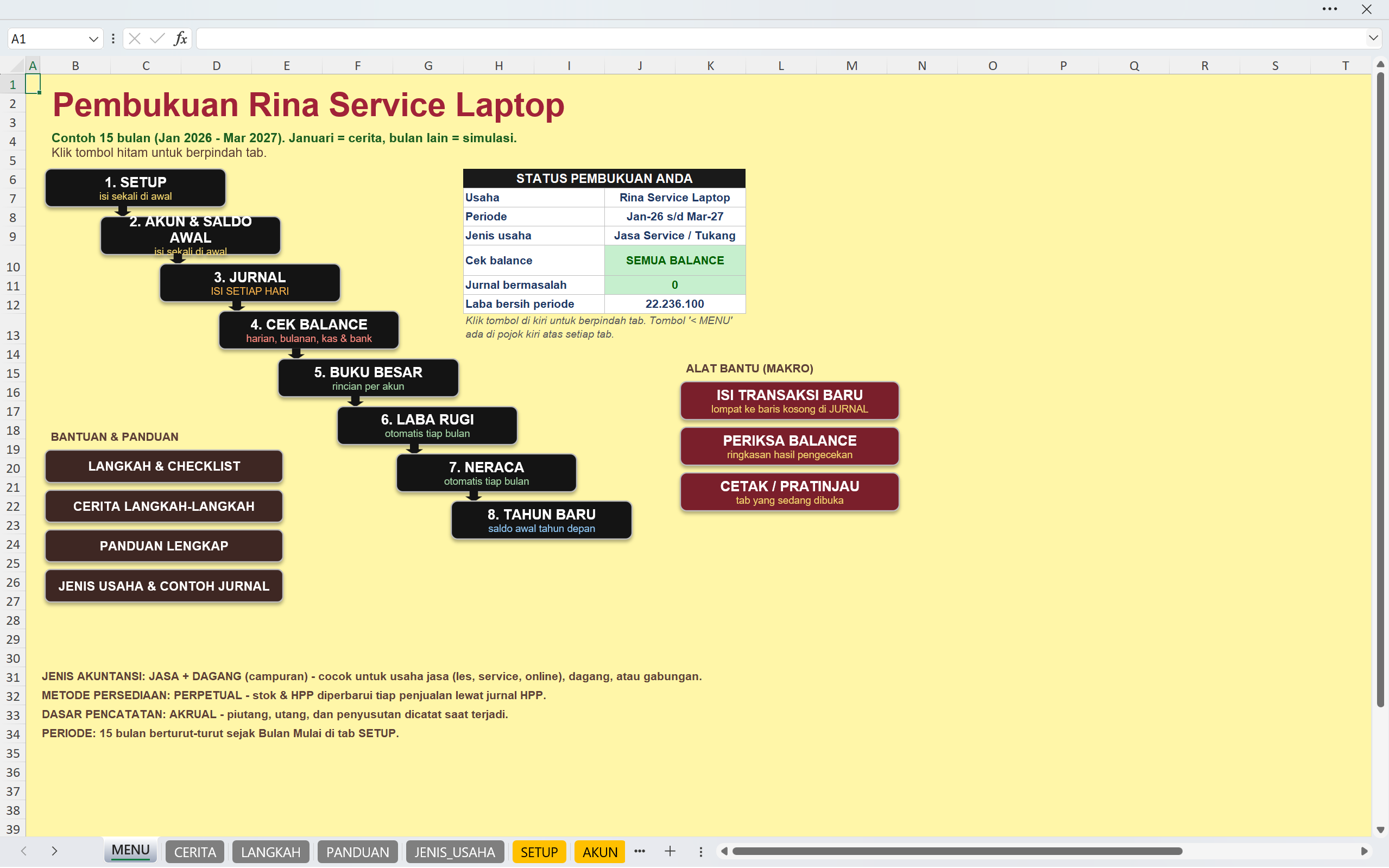 Excel Jasa Otomatis: Pembukuan Servis, Les, Freelance & Usaha Campuran + Contoh Jurnal