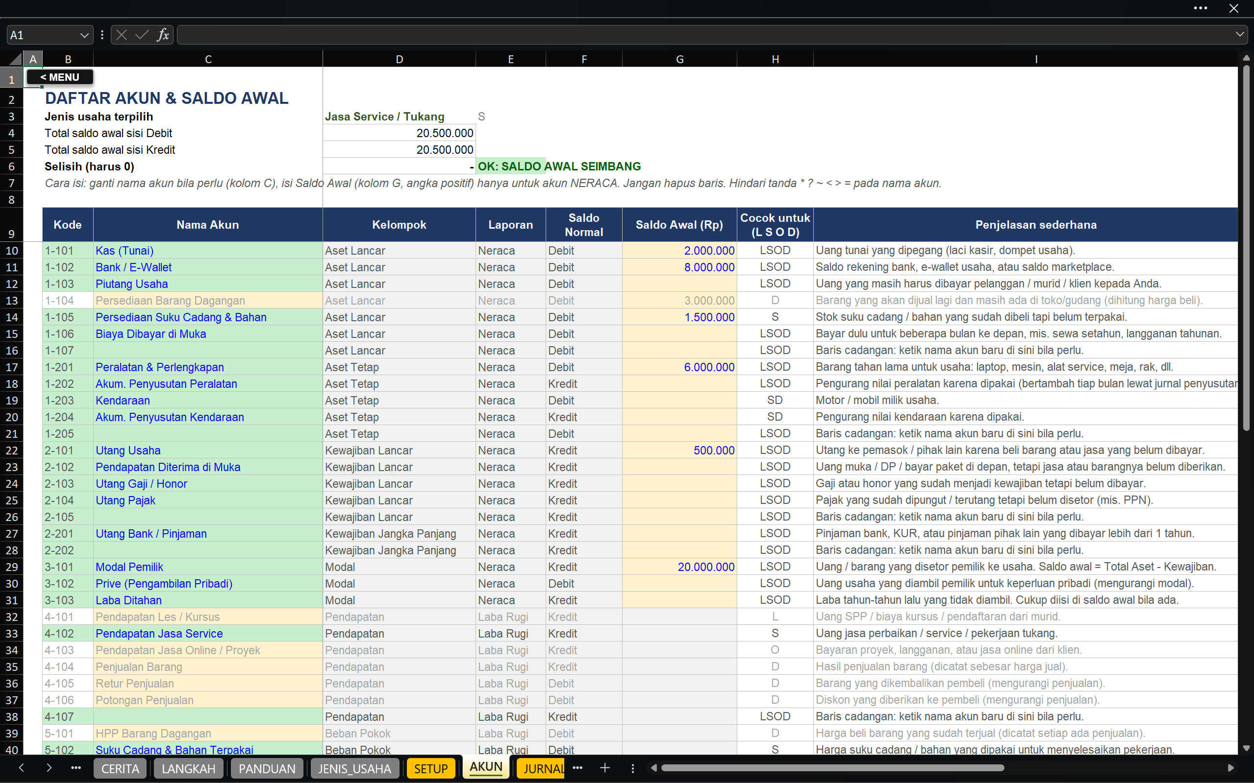 Excel Jasa Otomatis: Pembukuan Servis, Les, Freelance & Usaha Campuran + Contoh Jurnal