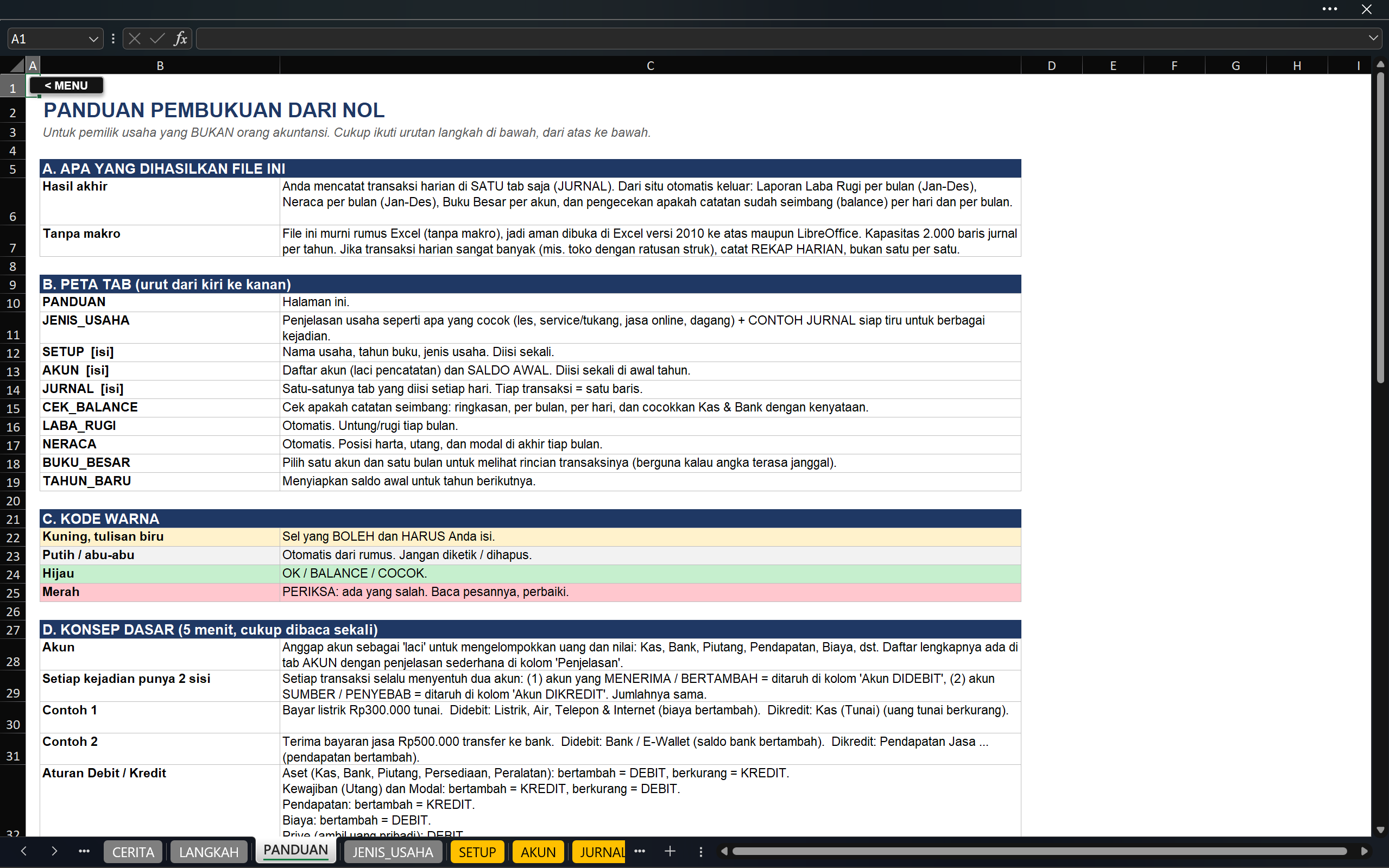 Google Sheets Basic Pembukuan Pemula Tanpa Makro: Laba Rugi, Neraca & Buku Besar Jan-Des