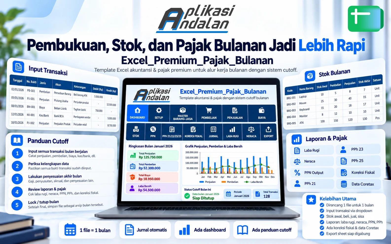 Google Sheets Premium Akuntansi Pajak Bulanan: 1 File 1 Bulan, Lega untuk Transaksi Banyak