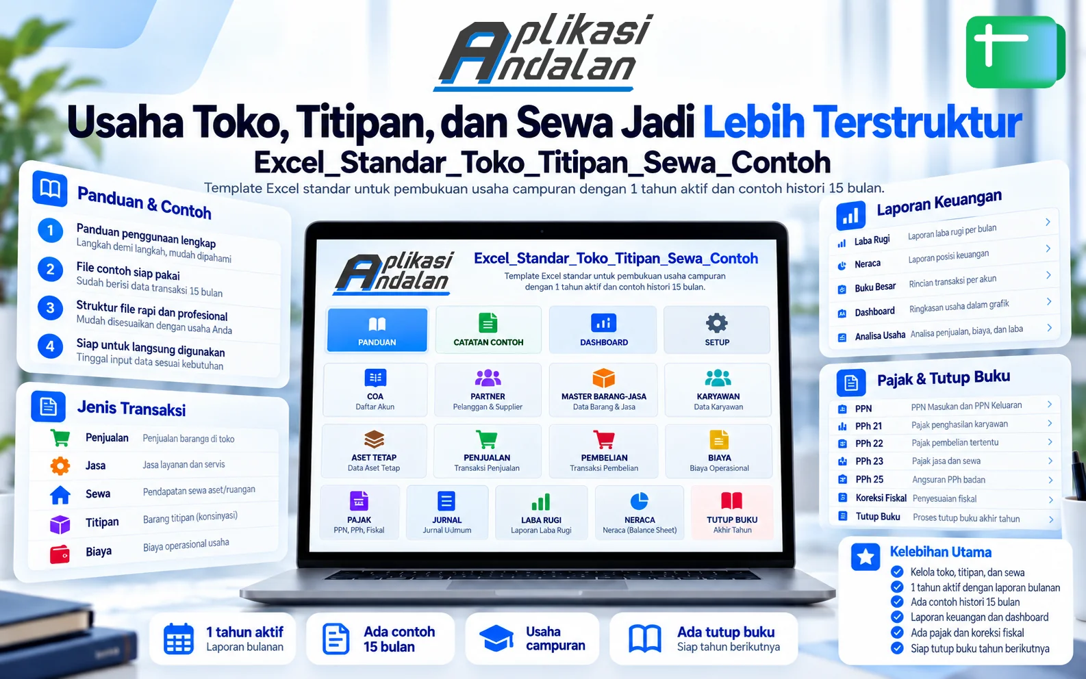 Google Sheets Standar Toko Dagang + Titipan & Sewa Tempat: Sudah Terisi Contoh 15 Bulan